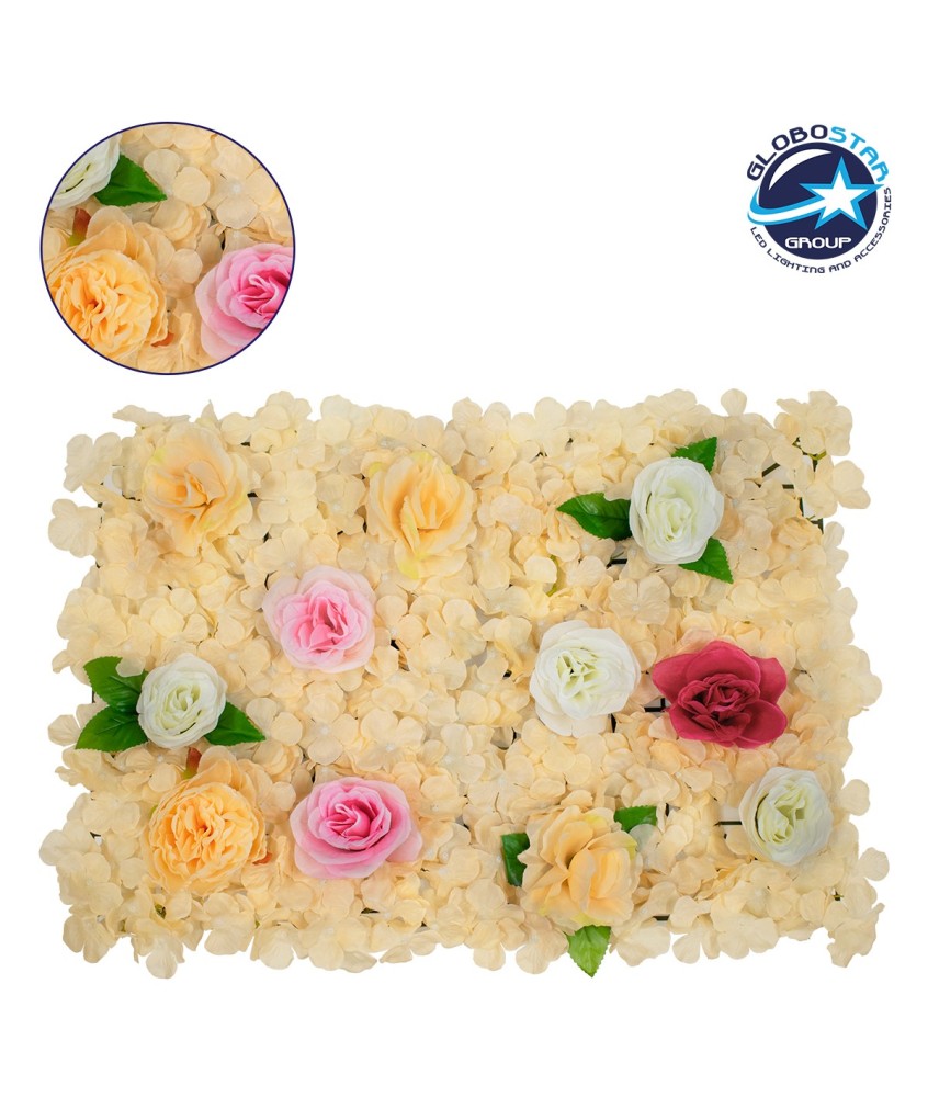 GloboStar® 78308 Συνθετικό Πάνελ Λουλουδιών - Κάθετος Κήπος Τριαντάφυλλο - Ορτανσία - Παιώνια Μ60 x Υ40 x Π7cm